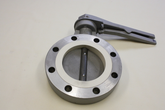 Butterfly valve Type VP, Aluminium butterfly valve with a white rubber seal and a steel valve.